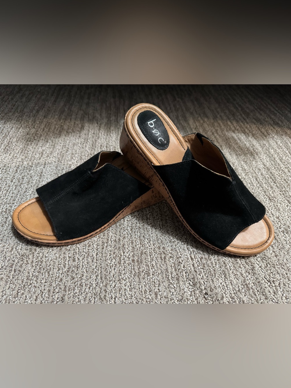 b.o.c. Black Suede Open-Toe Cork Wedge Slides